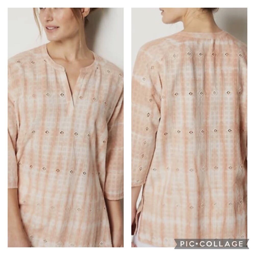 J Jill Pure Jill Schiffli Eyelet Cotton Tunic Top Peach White Size Medium